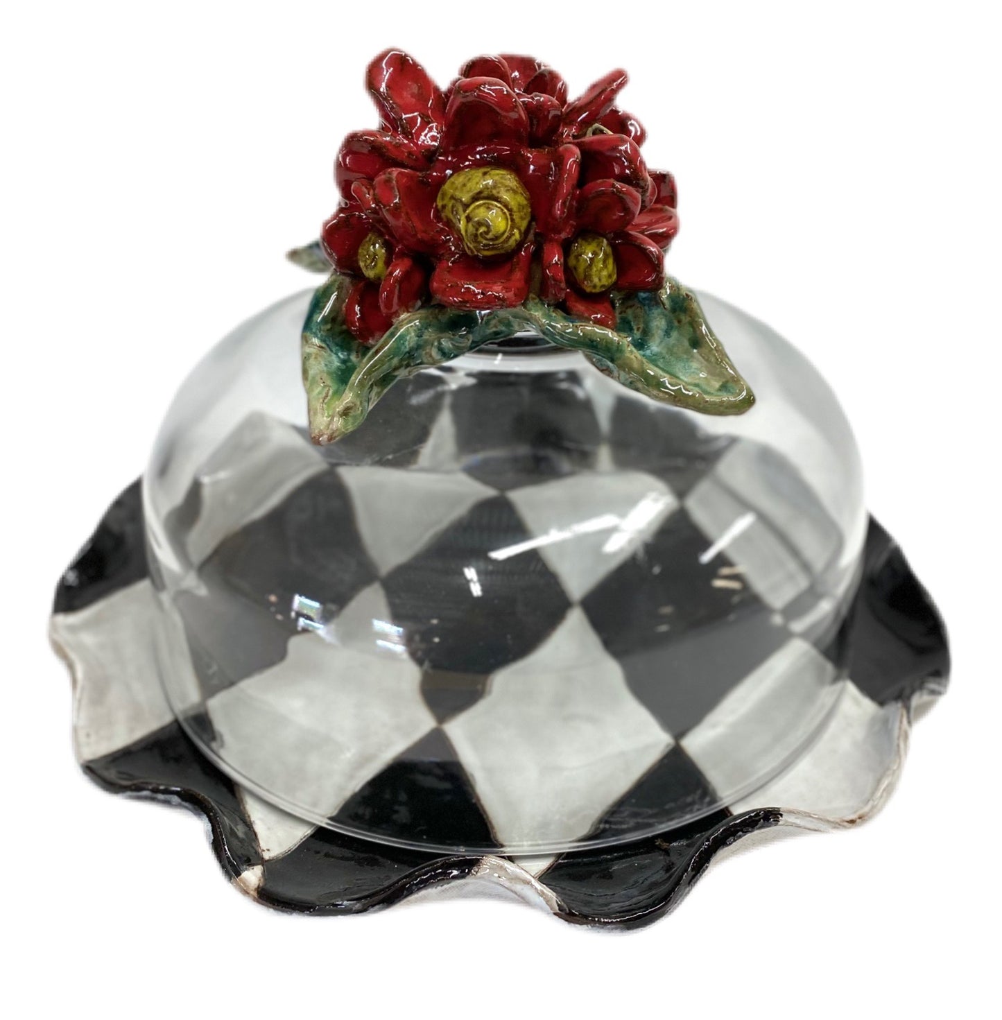 Cake Plate w/Dome Red Flowers, Blk/Antique White Harlequin