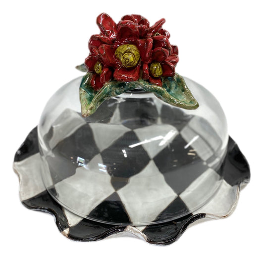 Cake Plate w/Dome Red Flowers, Blk/Antique White Harlequin
