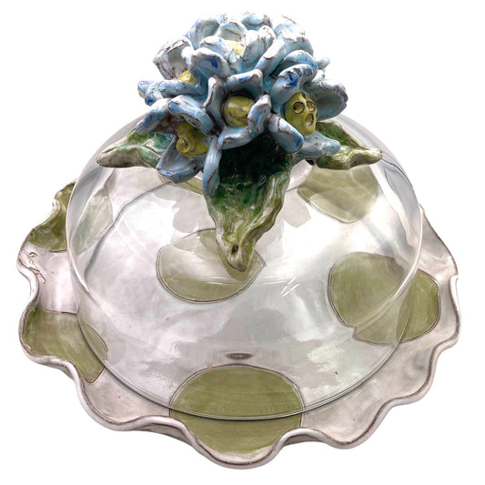 Cake Plate w/Blue Flowers Green/White Dots Plate