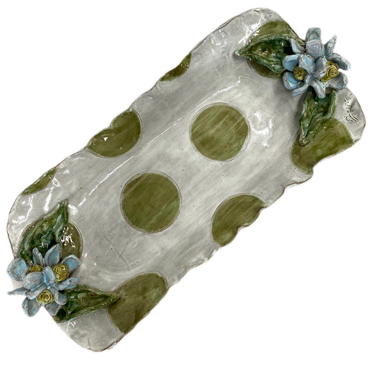 Barbara Jean Tray w/Blue Flowers/Leaves Green Dots