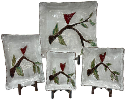 Red Bird on Branch Tray