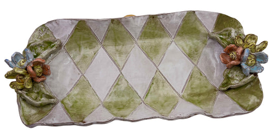 Barbara Jean Serving Platter w/Colorful Flowers Green/White Harlequin