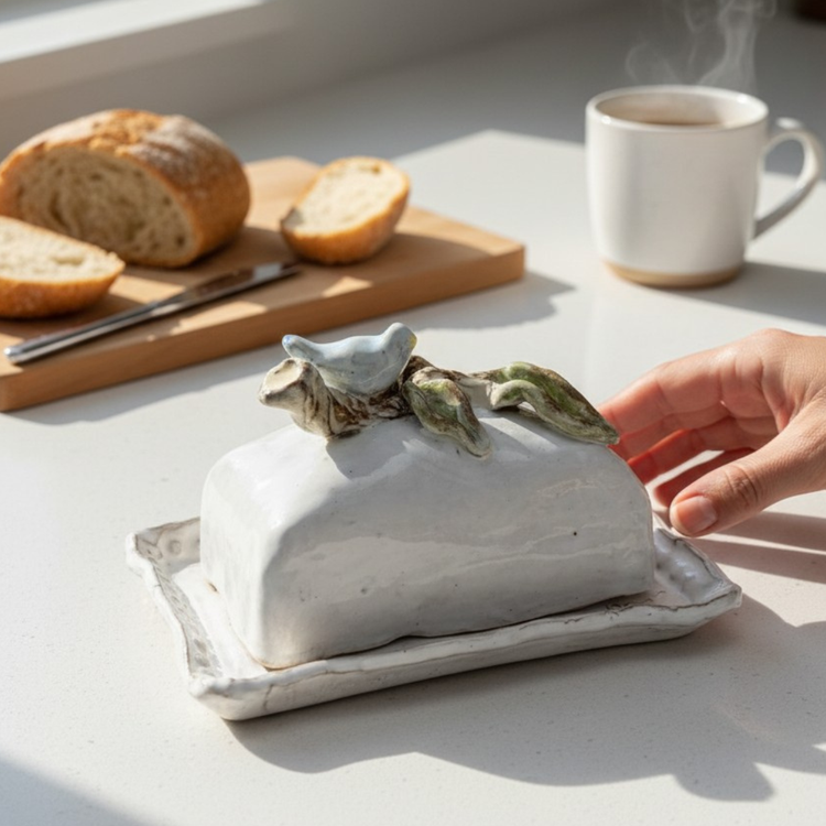 Butter Dish w/Blue Bird on Branch