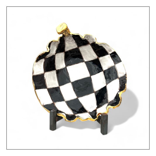 Pumpkin Bowl B/W Checkerboard w/22K Gold Luster Approx. 10.5"