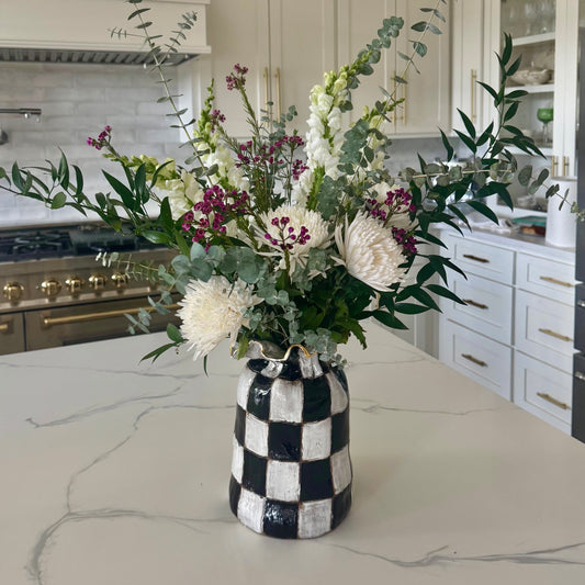 Jumbo SAK Vase Black & White Checkerboard w/22K Gold Luster Rim