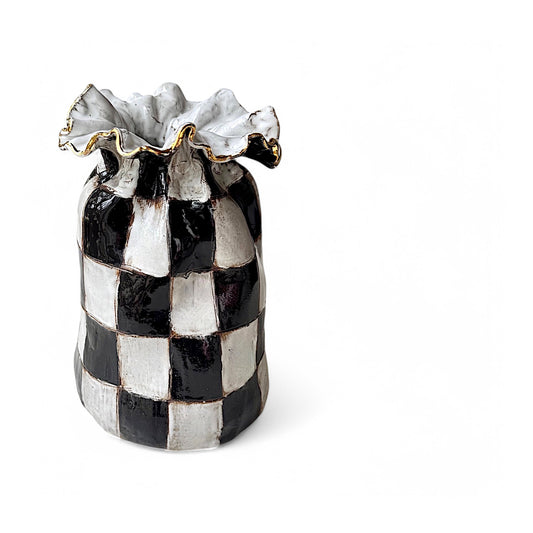 Jumbo SAK Vase Black & White Checkerboard w/22K Gold Luster Rim