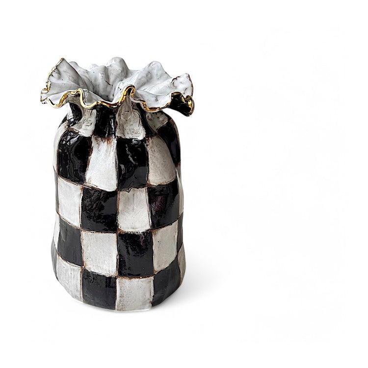 Jumbo SAK Vase Black & White Checkerboard w/22K Gold Luster Rim