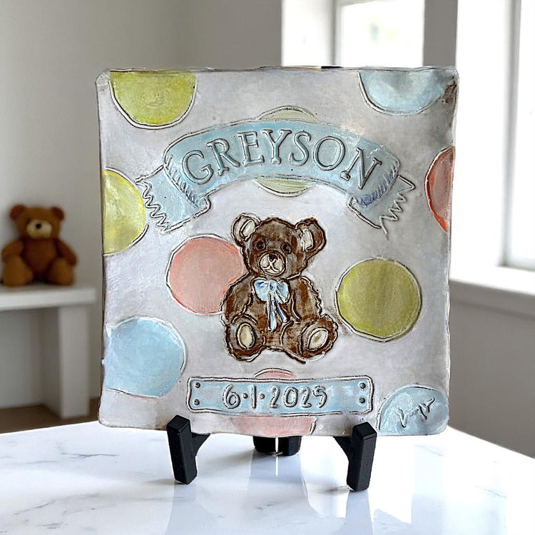 Newborn Baby Girl Teddy Bear Tray w/Name and Birthdate 10" X 10"