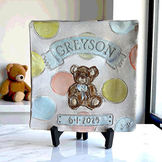 Newborn Baby Boy Teddy Bear Tray w/Name and Birthdate   10" X 10"