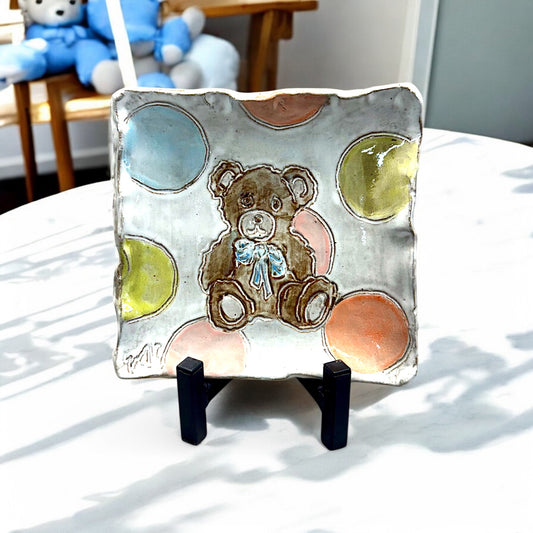 Teddy Bear Tray 7.5" X 7.5" Baby Boy (Blue Bow)