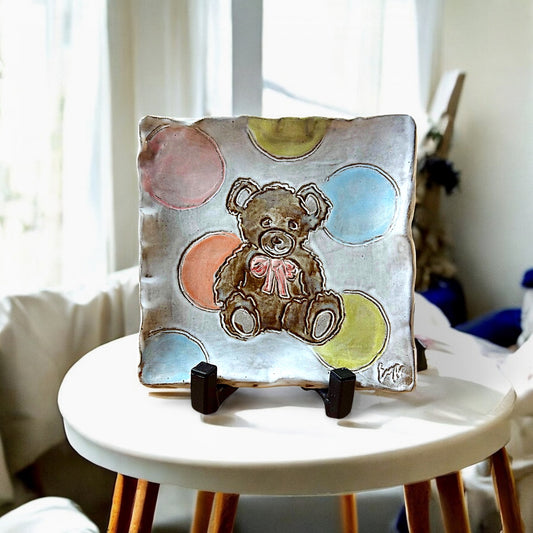 Teddy Bear Tray 7.5" X 7.5" Baby Girl (Pink Bow)