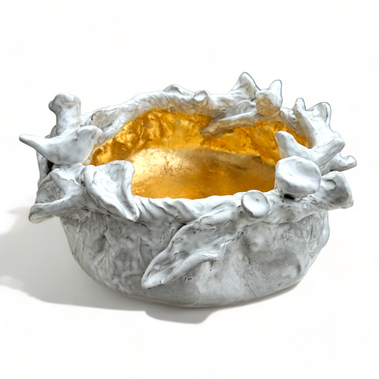 Betsy Rose Vessel w/3 Birds Anitque White w/Gold Leaf Large