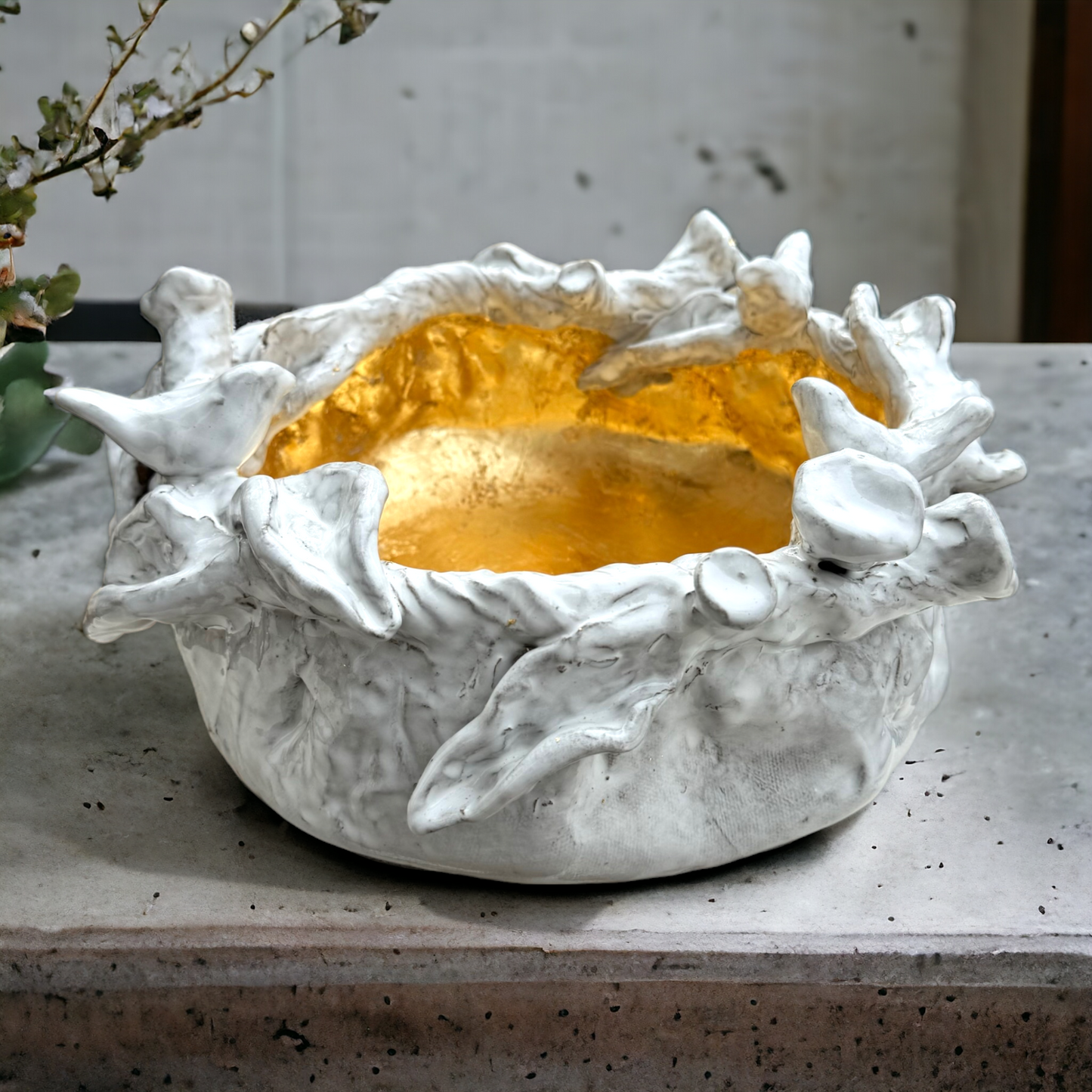 Betsy Rose Vessel w/3 Birds Anitque White w/Gold Leaf Large