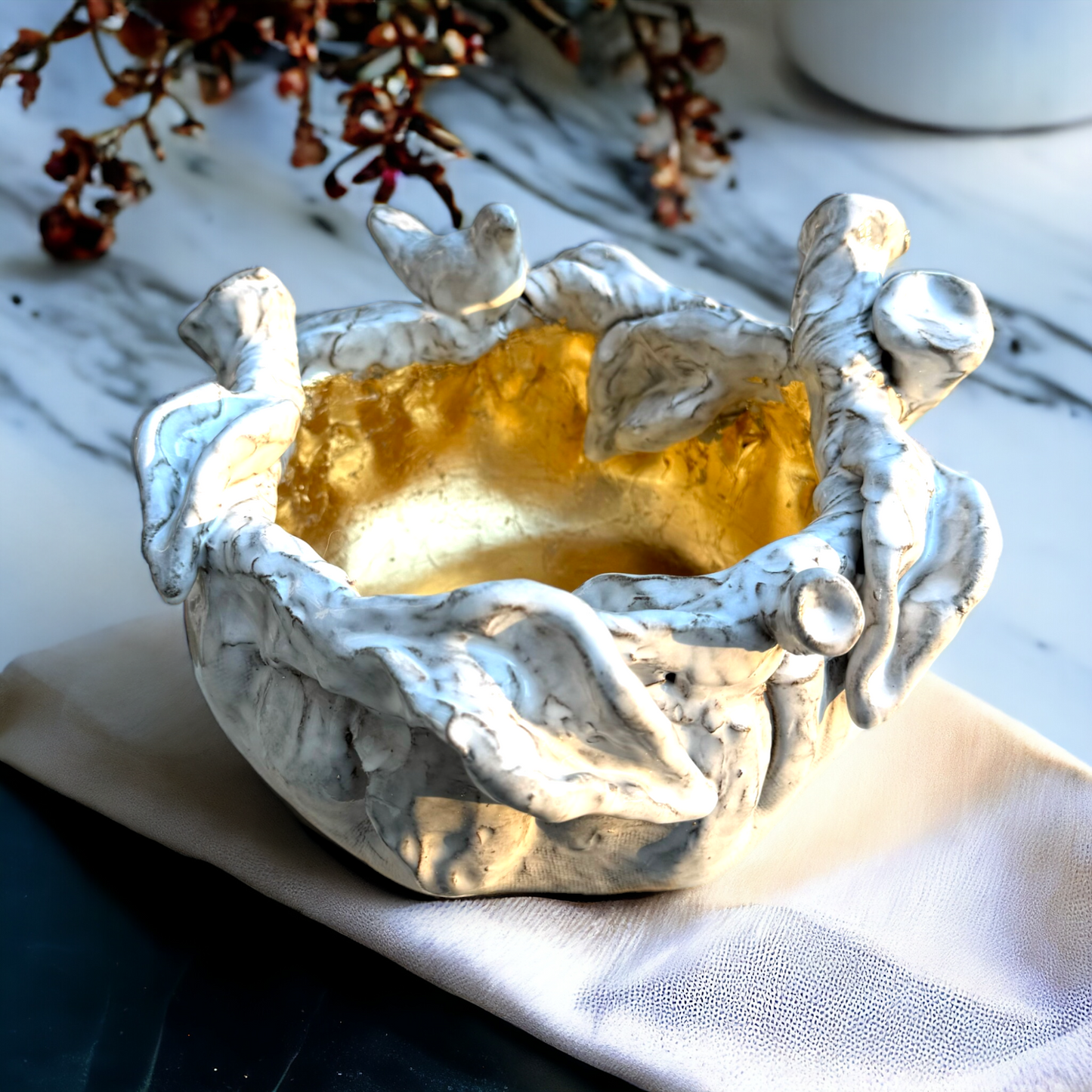 Betsy Rose Vessel Med. Anitque White w/Gold Leaf