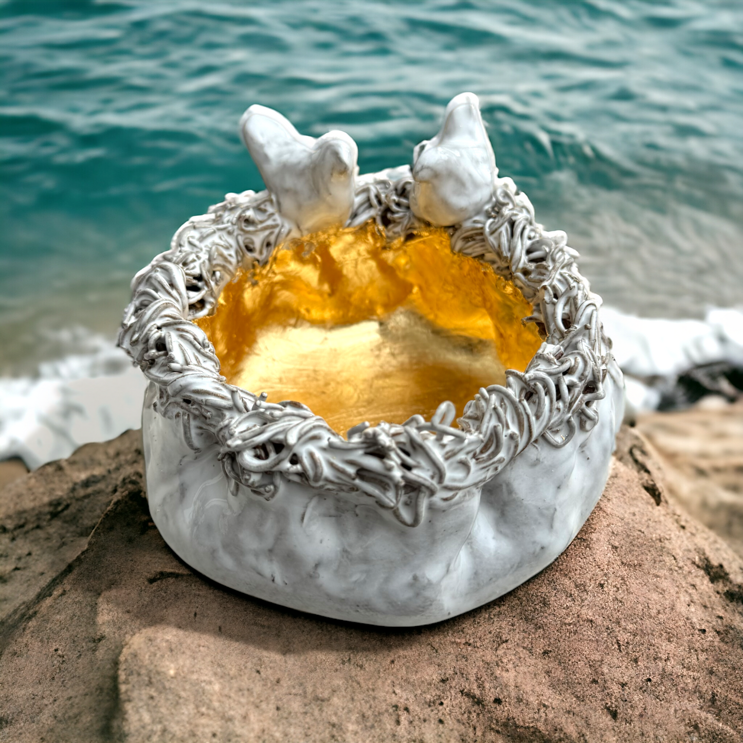 XLg Bird Nest w/2 White Birds & Gold Leaf