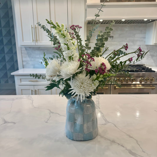 Jumbo SAK Vase Blue & White Checkerboard w/22K Gold Luster Rim