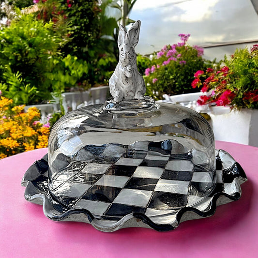 Bunny Cake Plate B/W Checkerboard