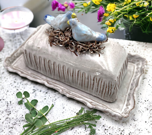 Butter Dish 2 Blue Birds/Nest
