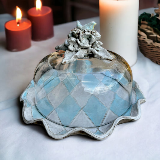 Cake Plate w/Dome Flowers, Bird Nest & Blue/White Harlequin