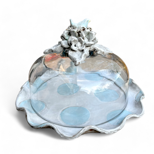 Cake Plate w/Dome Flowers, Bird Nest & Blue/White Harlequin