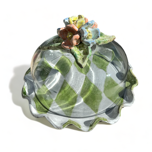 Cake Plate w/Dome Flowers Colorful Flowers, Green/White Harlequin