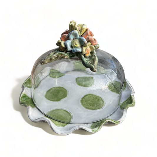 Cake Plate w/Dome Colorful Flower, Green/ White Dots