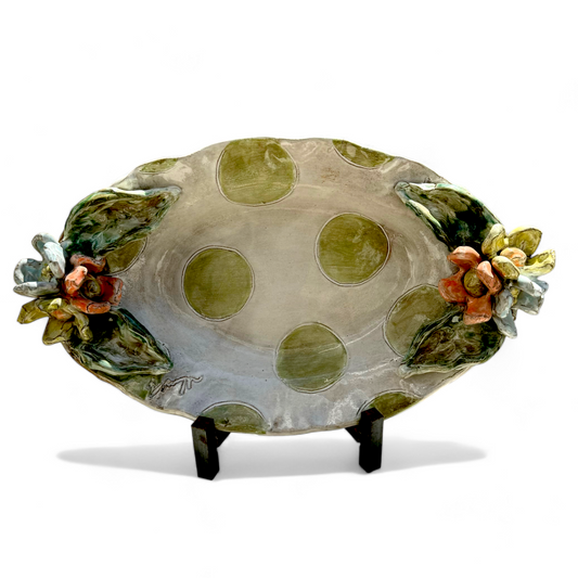 Casserole Dish w/Colorful Flowers AW w/Green Dots