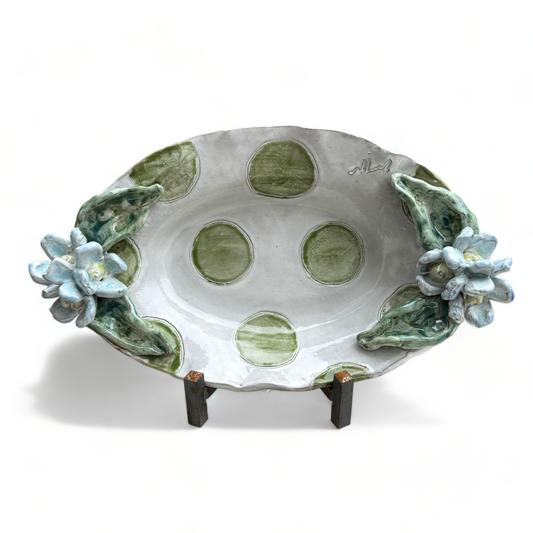 Casserole Dish w/Blue Flowers Green Dots