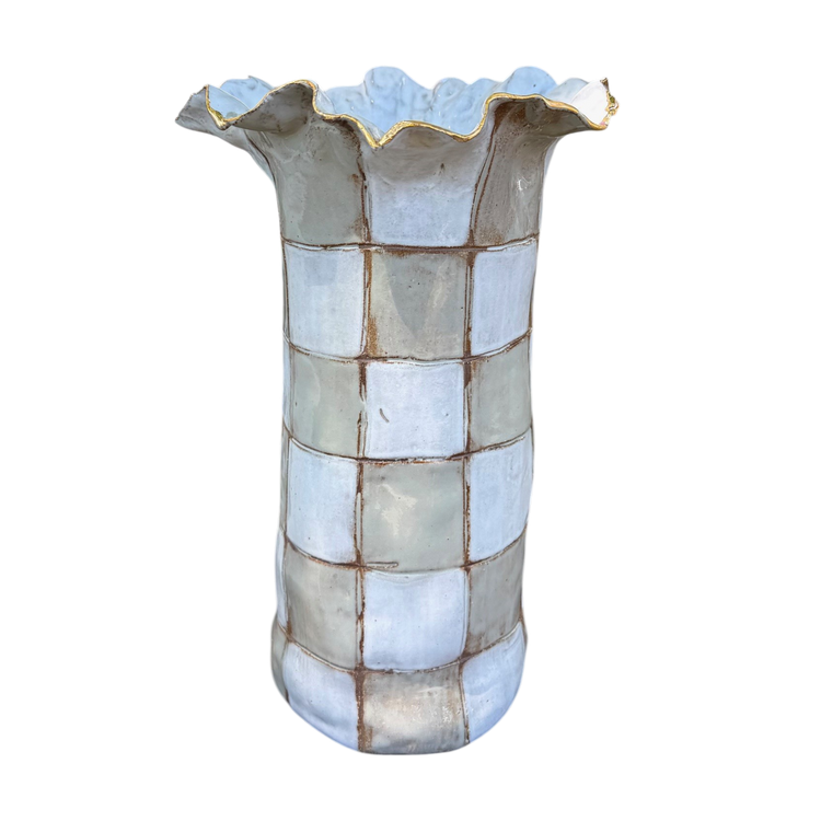 Charleston Vase Taupe/Antique White Checkerboard Gold Luster Rim Approx. 11" Tall
