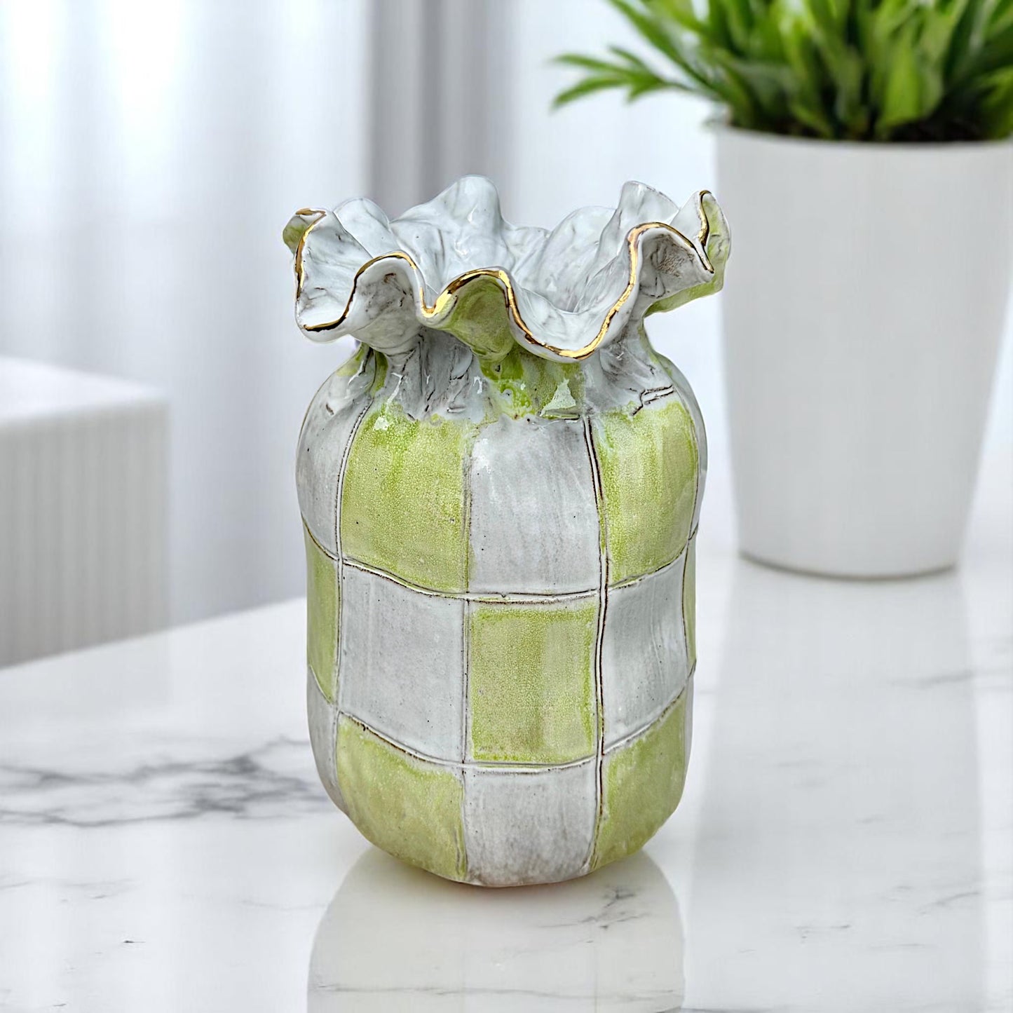 SAK Vase No. 3 Checkerboard w/24K Gold Luster Rim