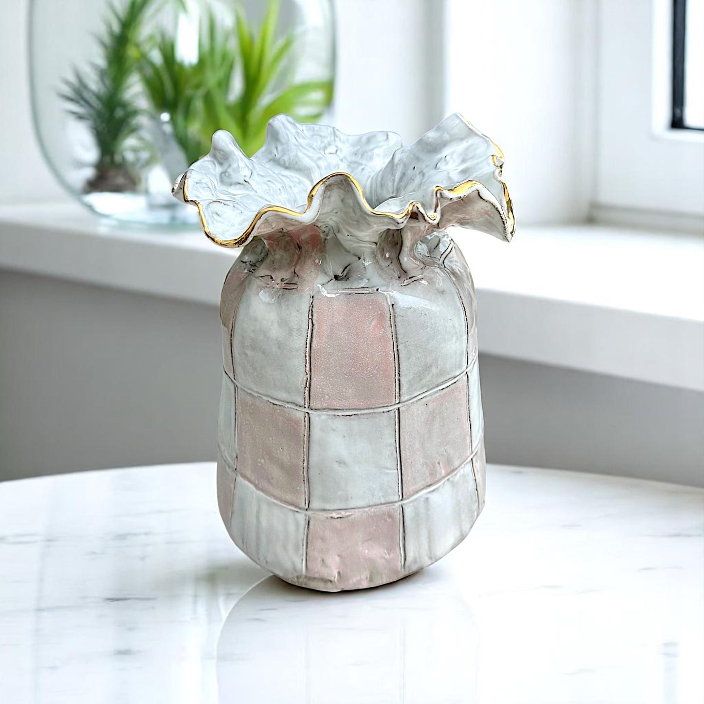 SAK Vase No. 3 Checkerboard w/24K Gold Luster Rim