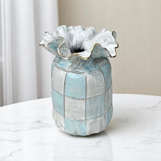 SAK Vase No. 3 Checkerboard w/24K Gold Luster Rim