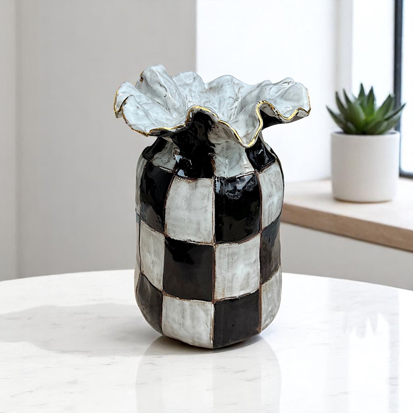 SAK Vase No. 3 Checkerboard w/24K Gold Luster Rim