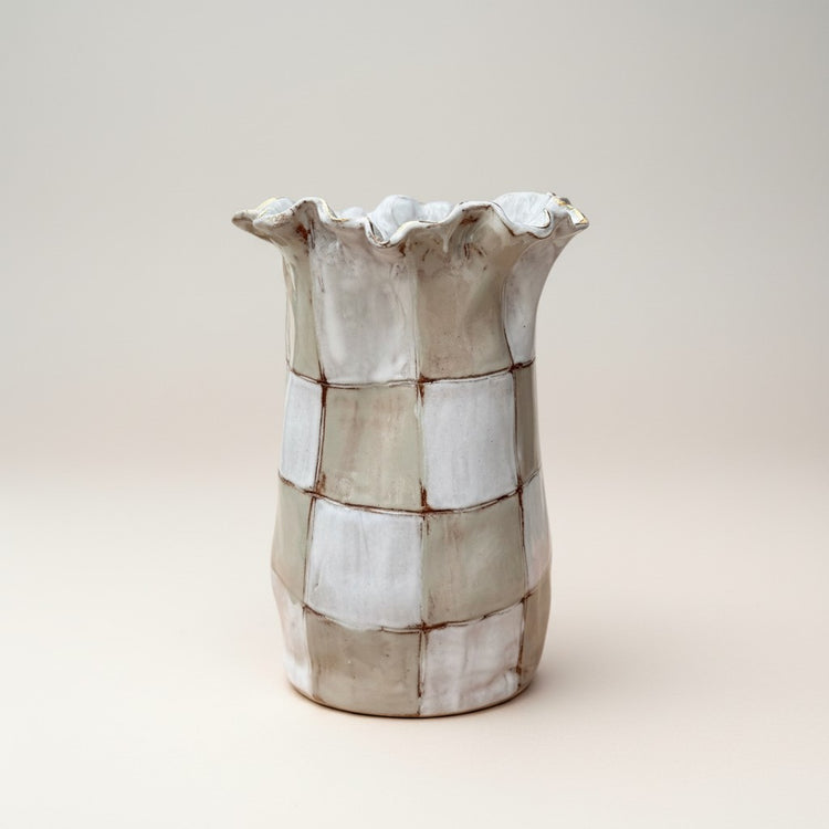 Bella Vase 8" X 7" Taupe Checkerboard w/24K Gold Luster Rim