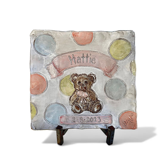 Newborn Baby Girl Teddy Bear Tray w/Name and Birthdate 10" X 10"