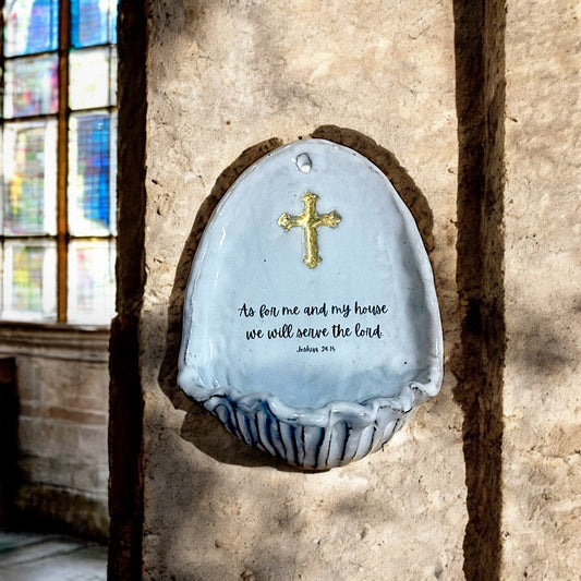 Holy Water Font w/Gold Leaf Cross Approx. 6.5"T X 5"W