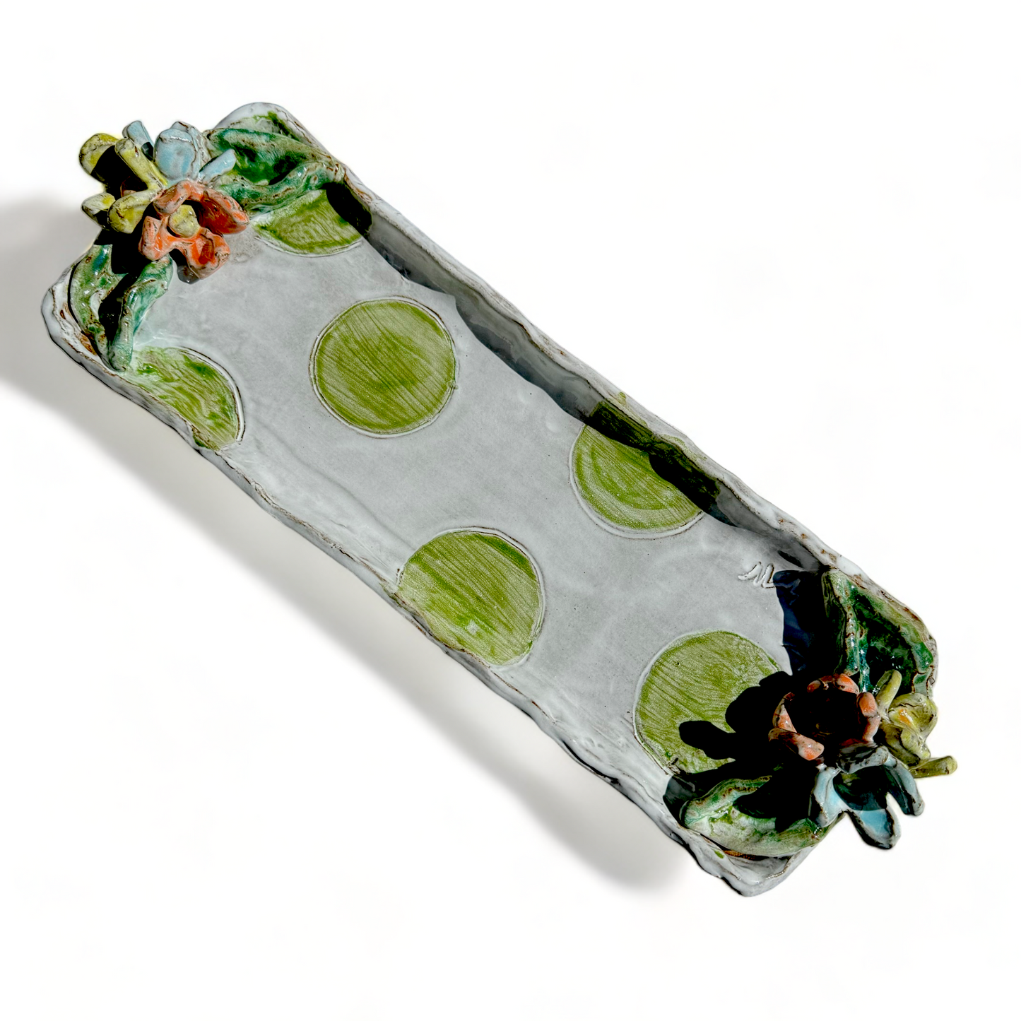 Hostess Tray w/Tri Color Flowers, Leaves & Green Dots 16.5" X 5"