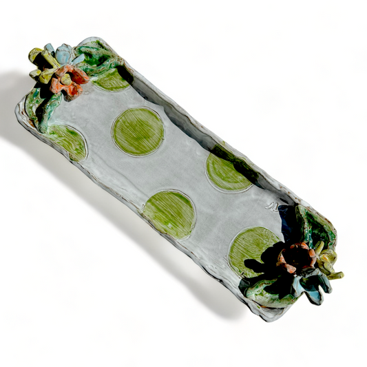 Hostess Tray w/Tri Color Flowers, Leaves & Green Dots 16.5" X 5"