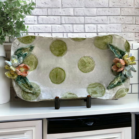 Barbara Jean Tray w/Colorful Flowers Green Polka Dots