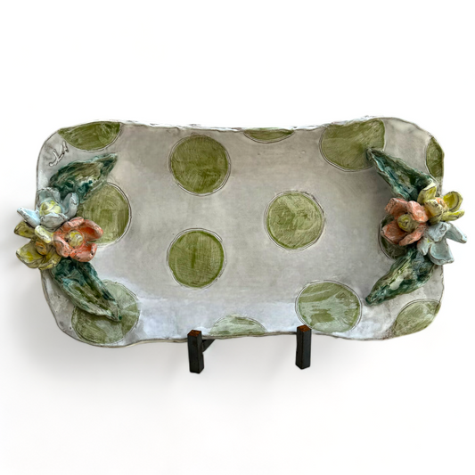 Barbara Jean Tray w/Colorful Flowers Green Polka Dots
