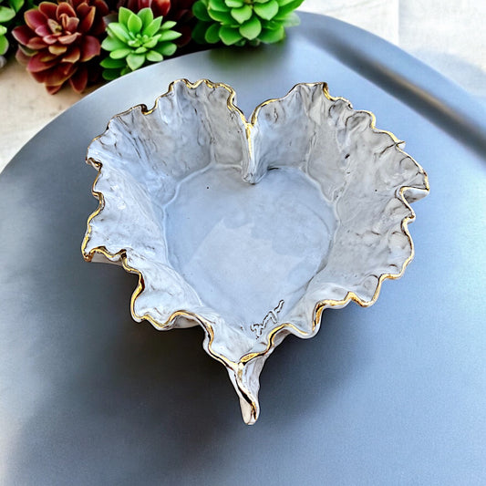 Dani Heart Dish  White w/24K Gold Rim  Large  9" X 10" X 3"
