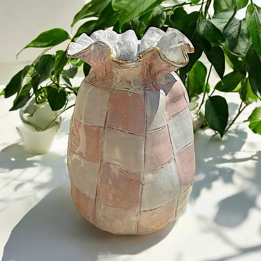 Jumbo SAK Vase Pink & White Checkerboard w/22K Gold Luster Rim