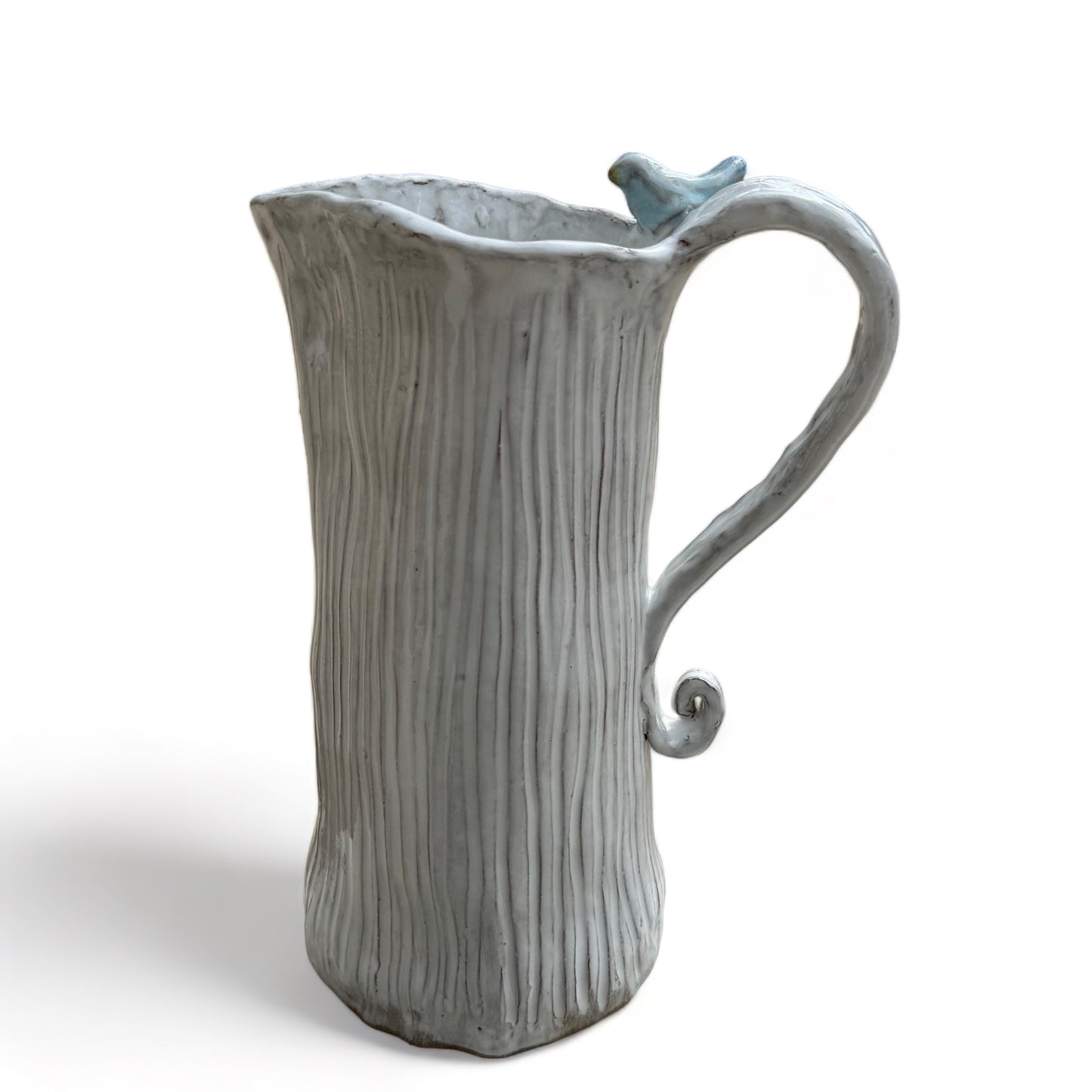 Blurred Lines Pitcher  Antique White  w/Bird 8.5" Tall