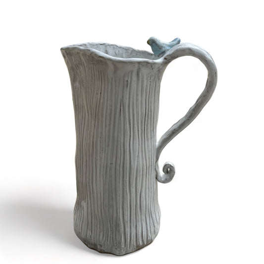 Blurred Lines Pitcher  Antique White  w/Bird 8.5" Tall