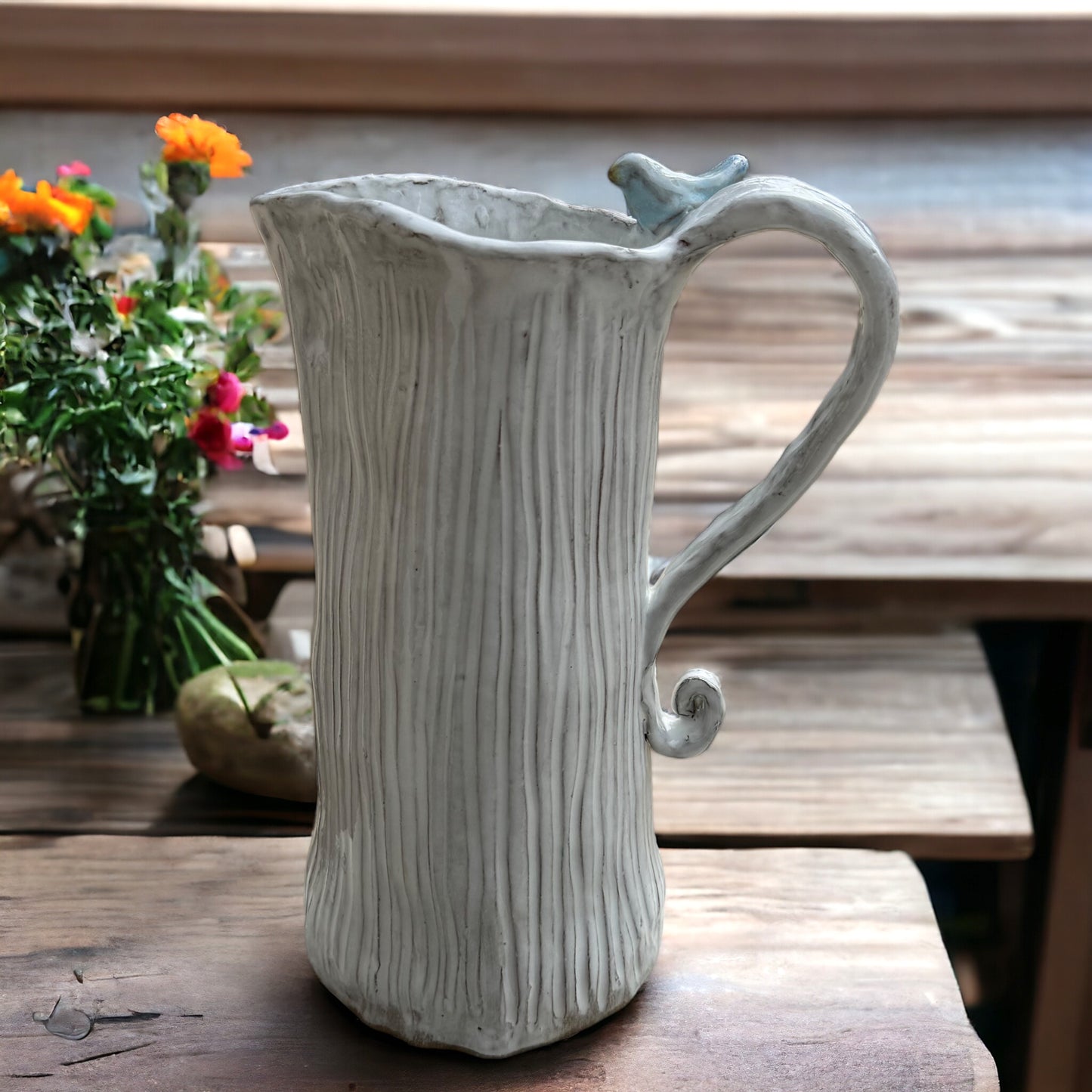 Blurred Lines Pitcher  Antique White  w/Bird 8.5" Tall