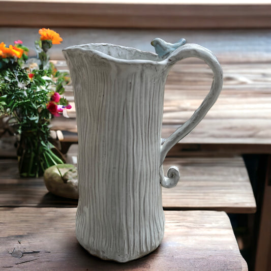 Blurred Lines Pitcher  Antique White  w/Bird 8.5" Tall