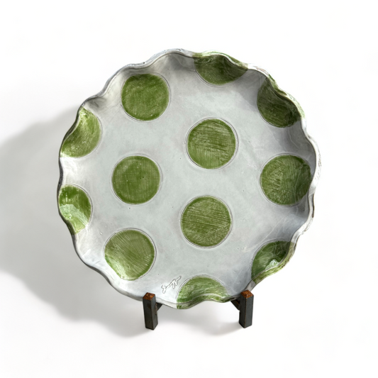 Round Serving Tray Green Dots, Antique White