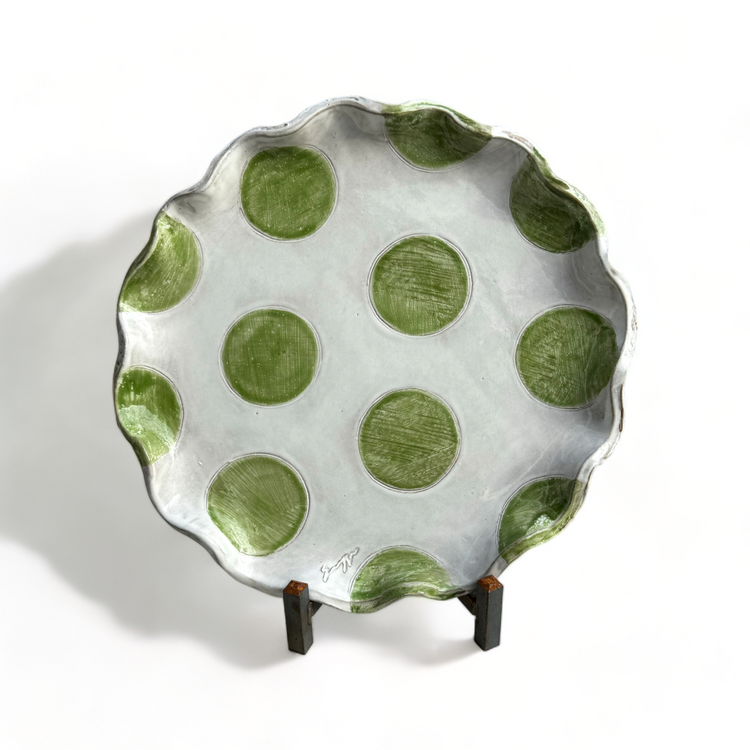 Cake Plate w/Dome Colorful Flower, Green/ White Dots