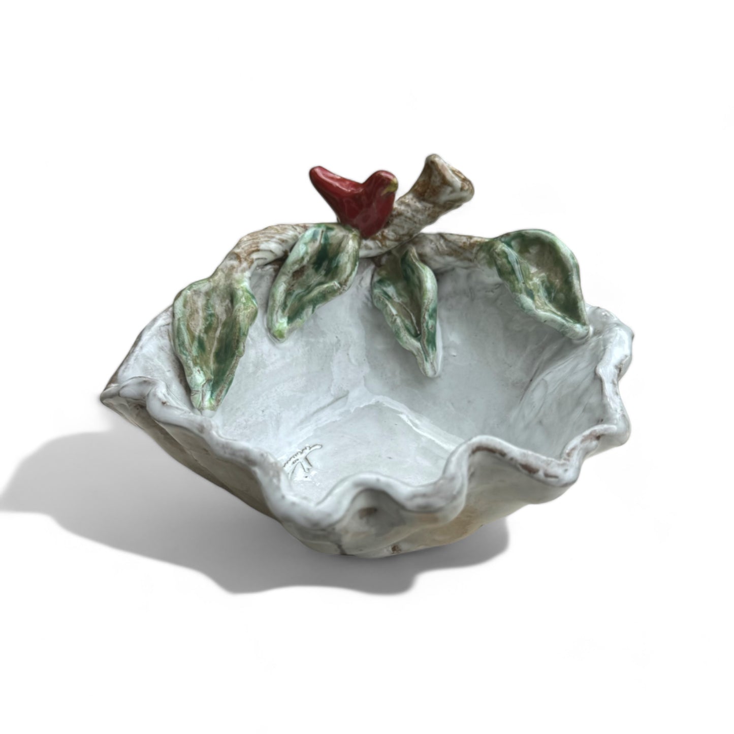 Corner Dip Bowl w/Red Bird on Branch