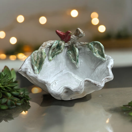 Corner Dip Bowl w/Red Bird on Branch